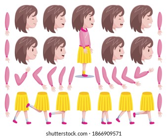 Right View Cute Girl Character Creation Set with Vector Illustration.