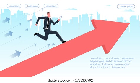 The right way. Businessman on the background of the city runs along the growing up arrow of the graph. Business Vector Concept Illustrator