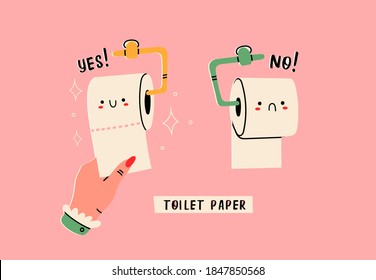 The Right Way to Hang Toilet Paper on the holder. Cute funny characters. Hygiene, WC, restroom, household concept. Cartoon style. Hand drawn trendy Vector illustration