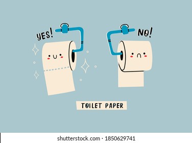 The Right Way to Hang Toilet Paper on the holder. Cute funny characters. Hygiene, WC, restroom, household concept. Cartoon style. Hand drawn trendy Vector illustration