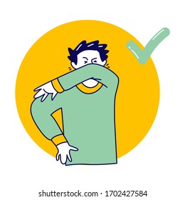 Right Way to Sneeze to Prevent Virus Infection. Male Character Sneezing and Coughing Into his Arm or Elbow to Prevent Spread Covid-19, Coronavirus Contagious Infection. Linear Vector Illustration