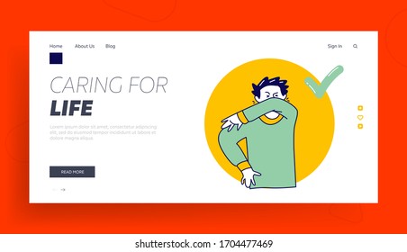 Right Way to Sneeze to Prevent Virus Infection Landing Page Template. Male Character Sneezing and Coughing Into his Arm or Elbow to Prevent Spread Covid-19 Infection. Linear Vector Illustration