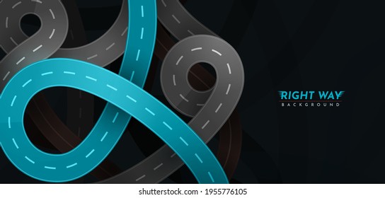 Right way. Vector highway roads with main blue road top view modern illustration. City route unction viaduct night neon dark background