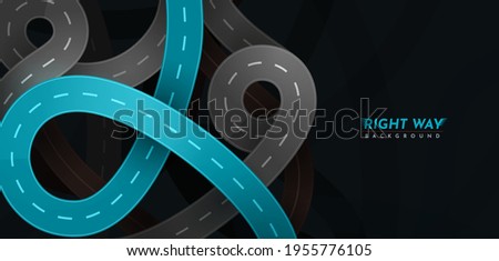 Right way. Vector highway roads with main blue road top view modern illustration. City route unction viaduct night neon dark background