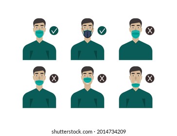 The right way to wear surgical masks. The first and the second are the right way the third, Fourth, Fifth, Sixth is wrong. Man wearing masks to prevent coronavirus, virus spreading. Flat vector.