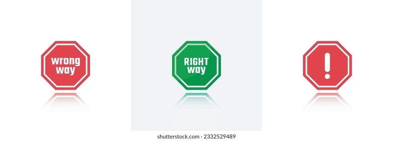 Right way and wrong way vector sign Flat Icon Solid style. Red and green Traffic signs with Symbol.Simple warning and attention icon. Vector illustration