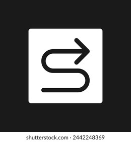 Right winding road arrow dark mode glyph ui icon. Find route. User interface design. White silhouette symbol on black space. Solid pictogram for web, mobile. Vector isolated illustration