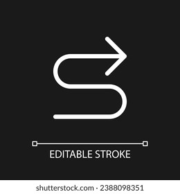 Right winding road arrow pixel perfect white linear ui icon for dark theme. Find route. Vector line pictogram. Isolated user interface symbol for night mode. Editable stroke. Arial font used