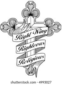 "Right Wing, Righteous, Religious" banner over ornate cross