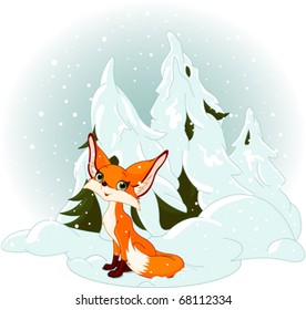 Right winter design with cute fox against a snowy forest background