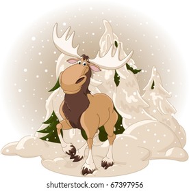 Right winter design with moose against a snowy forest background