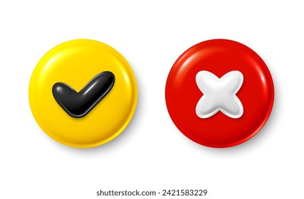 Botones 3d correctos e incorrectos. Juego de preguntas y respuestas. Iconos redondos brillantes con marca de verificación, cruz. Marque el icono, el rechazo y la cruz incorrecta. Respuestas correctas e incorrectas al cuestionario. Ilustración del vector