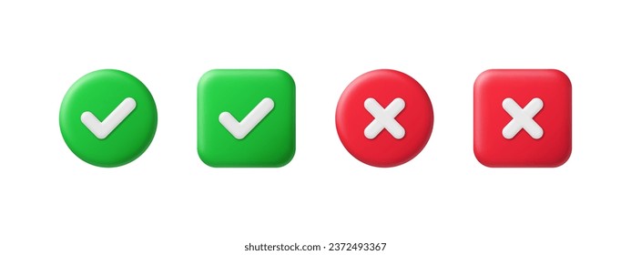 Right and wrong 3D buttons. Tick cross, red and green glossy round and square checklist icons. Check mark acceptance, X rejection button. 3d realistic vector set. Positive and negative choice