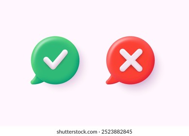 Right and wrong 3D buttons. Tick cross, red and green glossy round checklist icons. 3D Web Vector Illustrations.