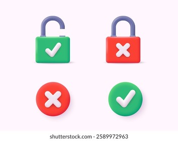 Right and wrong 3D buttons. Tick cross, red and green glossy round and square checklist icons. Check mark acceptance, X rejection button. 3D Web Vector Illustrations.