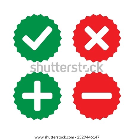 Right, wrong and add, subtract icon set in zig-zag circle in green and red color vector illustration. Plus, minus, positive and negative symbol collection.