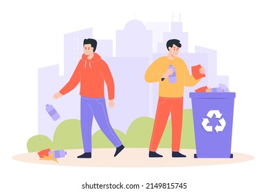 El acercamiento correcto e incorrecto a tirar la basura. Un hombre tirando basura en el suelo, otra persona lanzando plástico o basura en reciclaje puede ser una ilustración plana del vector. Ecología, concepto de medio ambiente