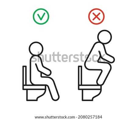 Right and wrong behavior in toilet. WC rules sit on seat toilet but not stand, warning sign. Signs allowed and prohibited to sit toilet. Correct sitting. Vector illustration