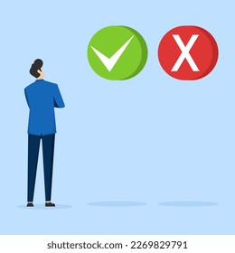 Right or wrong business decision concept, wise businessman making wrong or right, right or wrong, right and wrong decision, moral choice choice concept.