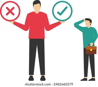 Right or wrong business decision concept, a wise businessman making wrong or right, right or wrong, right and wrong decision, moral choice concept.