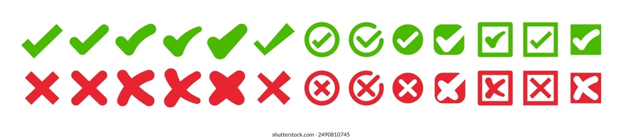 Right and wrong buttons. Yes or no check mark icons in green tick box and red cross. Set of red X and green check mark. 
Tick and X mark icon for apps and websites