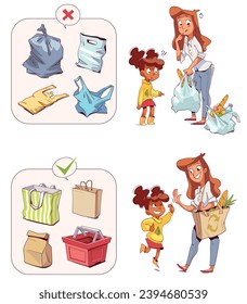 Elecciones correctas e incorrectas para bolsas de compras. Bolsa de plástico o bolsa ecológica. Mamá y su hija están de compras. Caricatura colorida. Graciosa ilustración vectorial. Aislado sobre fondo blanco