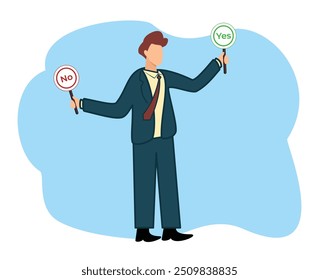 Concepto correcto o incorrecto o hombre de negocios de dibujos animados Símbolo de retención Sí o No Tarjeta para la toma de decisiones