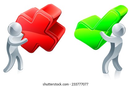 Right and wrong concept with one person holding tick for correct and one cross for incorrect