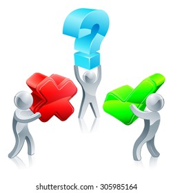 Right and wrong or decision question concept of three people, holding question mark, tick and cross symbols