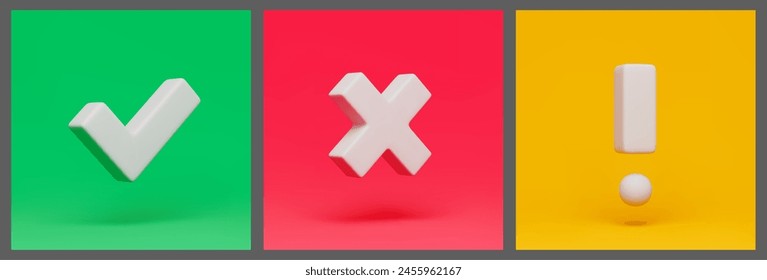 Right, wrong and exclamation caution check marks 3d square buttons set. Acceptance, rejection and attention. Tick, cross, exclamation point three-dimensional rendering vector illustration