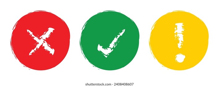 Right, Wrong, Exclamation mark in grunge effect. Vector set of flat round check mark, X mark icons, exclamation point. Checkmark, exclamation round sign, X mark -stock vector. Vector illustration