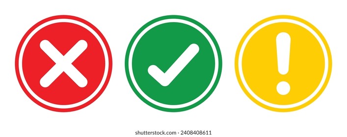 Right, Wrong, Exclamation mark in new style. Vector set of flat round check mark, X mark icons, exclamation point. Checkmark, exclamation round sign, X mark -stock vector. Vector illustration