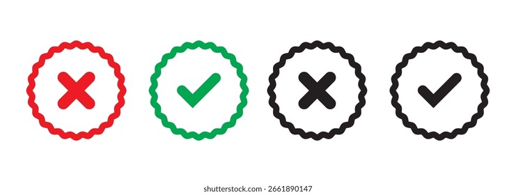 Correcto, incorrecto, signo de exclamación en nuevo estilo. Conjunto de Vector de marca de verificación redonda plana, íconos de marca X, signo de exclamación. Marca de verificación, signo redondo de exclamación, marca X - Vector de stock. Ilustración vectorial