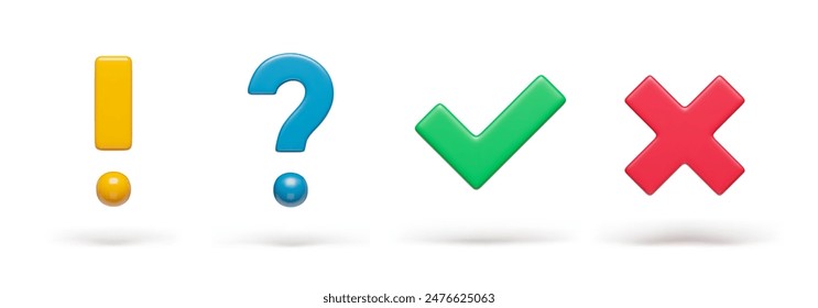 Right, wrong and exclamation, question check marks on white set. Acceptance, rejection, interrogation and attention signs three-dimensional rendering vector illustration