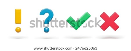 Right, wrong and exclamation, question check marks on white set. Acceptance, rejection, interrogation and attention signs three-dimensional rendering vector illustration