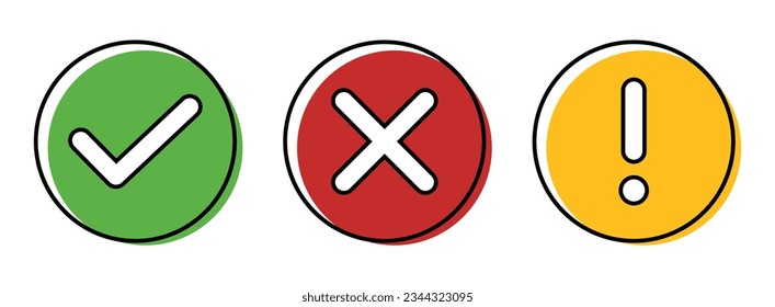 Right wrong and exclamatory symbol icon set in black and white. Right, Wrong, Exclamation Vector set of flat check mark, X mark icons, exclamation. Checkmark, exclamation circle with color and strokes