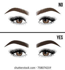 Right and wrong eyebrow coloring and eyebrows shapes. Female eyes and eyebrows vector elements. Types of eye makeup eyebrows. Yes and no vector illustration.