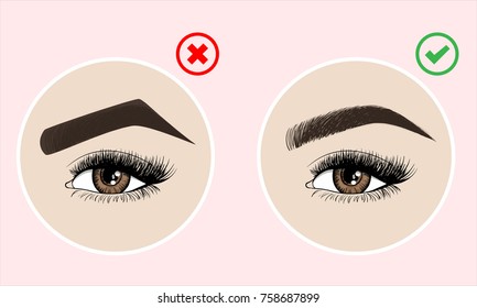 Right and wrong eyebrow coloring and eyebrows shapes. Female eyes and eyebrows vector elements. Types of eye makeup eyebrows. Vector illustration on pink background.