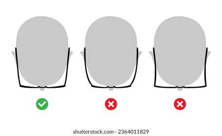 Gafas correctas e incorrectas en el templo de la cabeza humana Gafas de marco ocular moda ilustración médica accesoria. Vista superior de cristal de sol para hombres, estilo de silueta de mujer, esquema de dibujo plano aislado