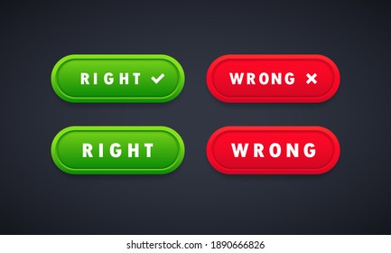 Right and wrong green and red buttons set. UI, UX web elements. Illustration of right or wrong icons. Different variations of ticks and crosses represents confirmation.
