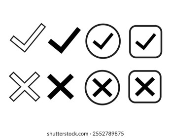 Ícone direito e errado silhueta vetor cor preta e branca. Ilustração de símbolo correta ou incorreta. Design de marca de verificação e sinal cruzado.