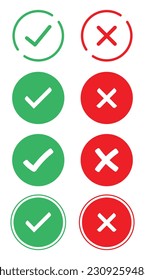 Das rechte und falsche Symbol wird in verschiedenen Stilen gesetzt. Markierungszeichen und X Markierungssymbol. Markieren und deaktivieren Sie die Symbol-Vektorgrafik. Validierungssymbol-Vektorgrafik. für Apps und Websites.