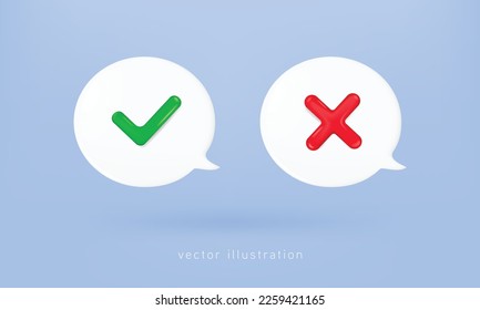 Right and wrong icon symbols. Accept and denied, Approved and Rejected, Yes and No Icon isolated on blue background. 3d vector rendering.