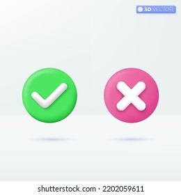 Right and Wrong icon symbols. check mark, cross mark, yes, accepted and rejected concept. 3D vector isolated illustration design Cartoon pastel Minimal style. You can used for design ux, ui, print ad.