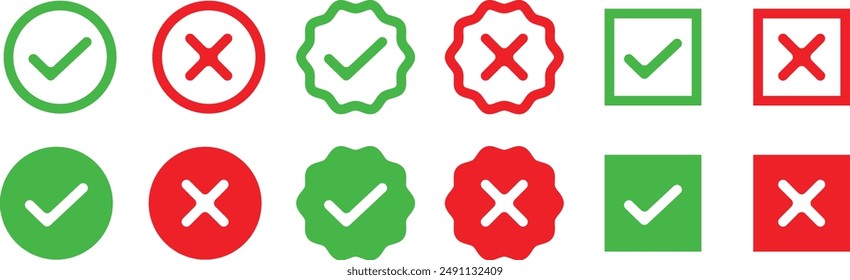 Right And Wrong icon Vector Illustration. Check mark and Cross mark Symbol. Yes And No Mark Icons. Voting buttons. Red, green, right, wrong. can, can't, yes, no, flat, line, black, accept, reject mark