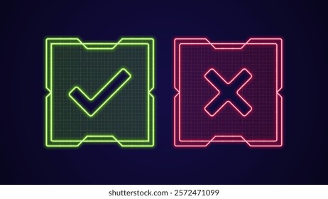 Right or wrong icons, bright neon frame visuals.