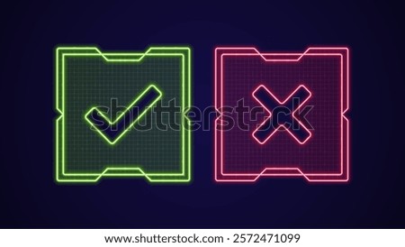 Right or wrong icons, bright neon frame visuals.