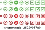 Right or wrong icons. Green tick and red cross checkmarks. Yes or no symbol, approved or rejected icon for user interface. Tick, cross signs. checkmark OK red X