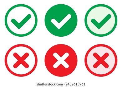 Iconos correctos o incorrectos. Marca de verificación verde y cruz roja en iconos de círculo plano. Símbolo Sí o no, icono aprobado o rechazado para la interfaz de usuario.