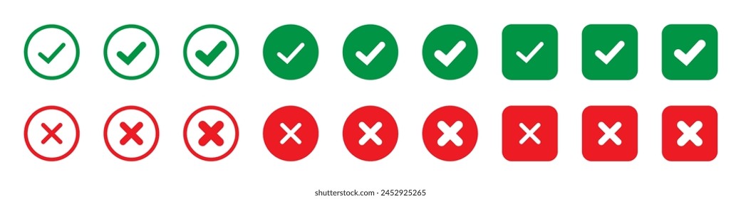 Right or wrong icons. Green tick and red cross checkmarks in circle flat icons. Yes or no symbol, approved or rejected icon for user interface.